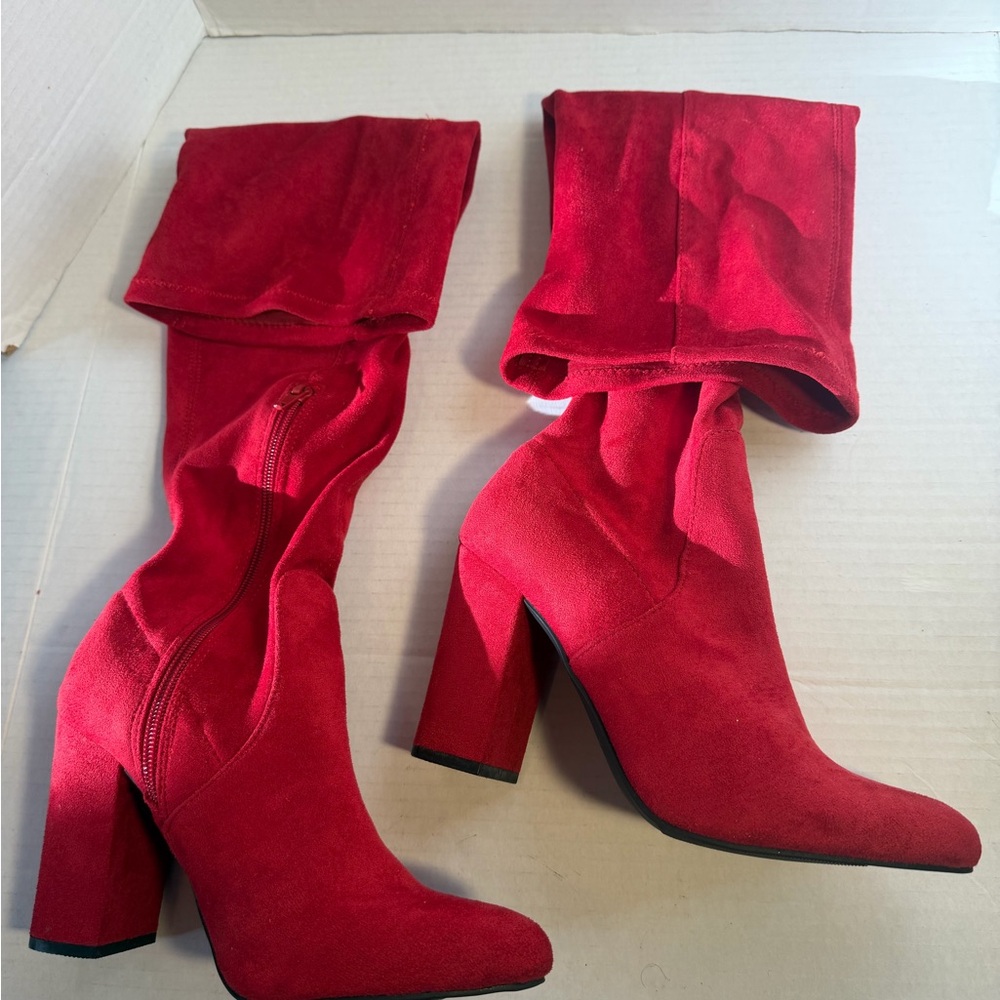 Wild Pair Vibrant Red Knee High Faux Suede Heeled Boots 6.5